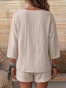 Balvessa Casual Vacation Daily Wear Vacation Loose Fit Shirt And Shorts With Pockets 2 Pieces Set Home Country Old Money Beige Summer - Khaki - View 2