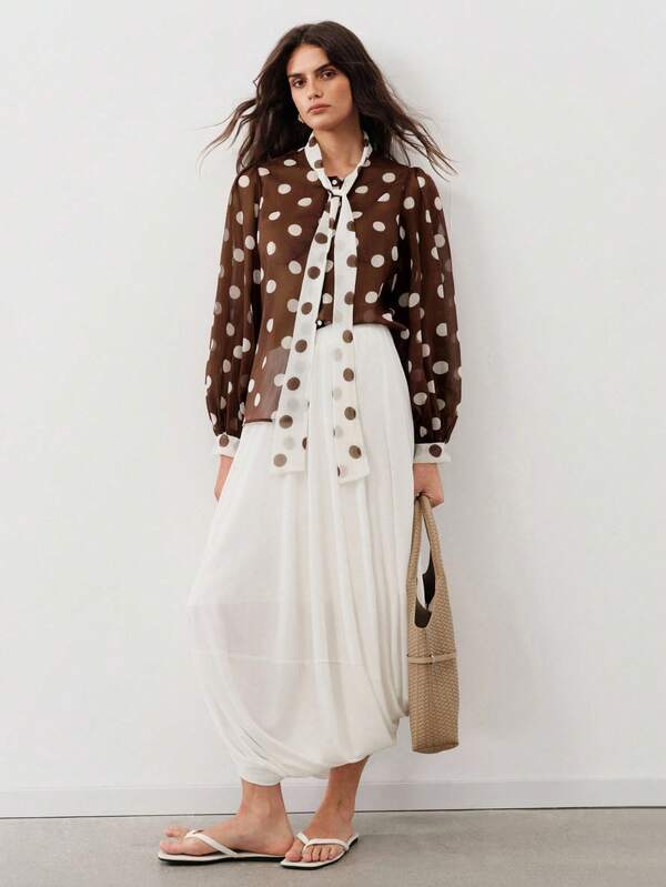 Aveloria Modichic Summer/Autumn Chiffon Contrast Color Coffee Polka Dot Bow Tie Commuter Slimming Long Sleeve Blouse, Elegant French Vintage Classic British Party Commuter Casual Ceremony Modern Old Money Versatile