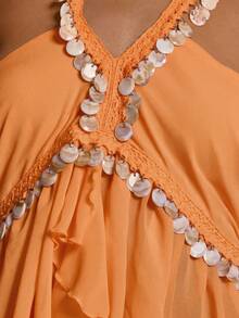 MUSERA Top Coord con cuello halter, drapeado, volantes, fluido y adornado con conchas, solo el top - Naranja - Ver 6