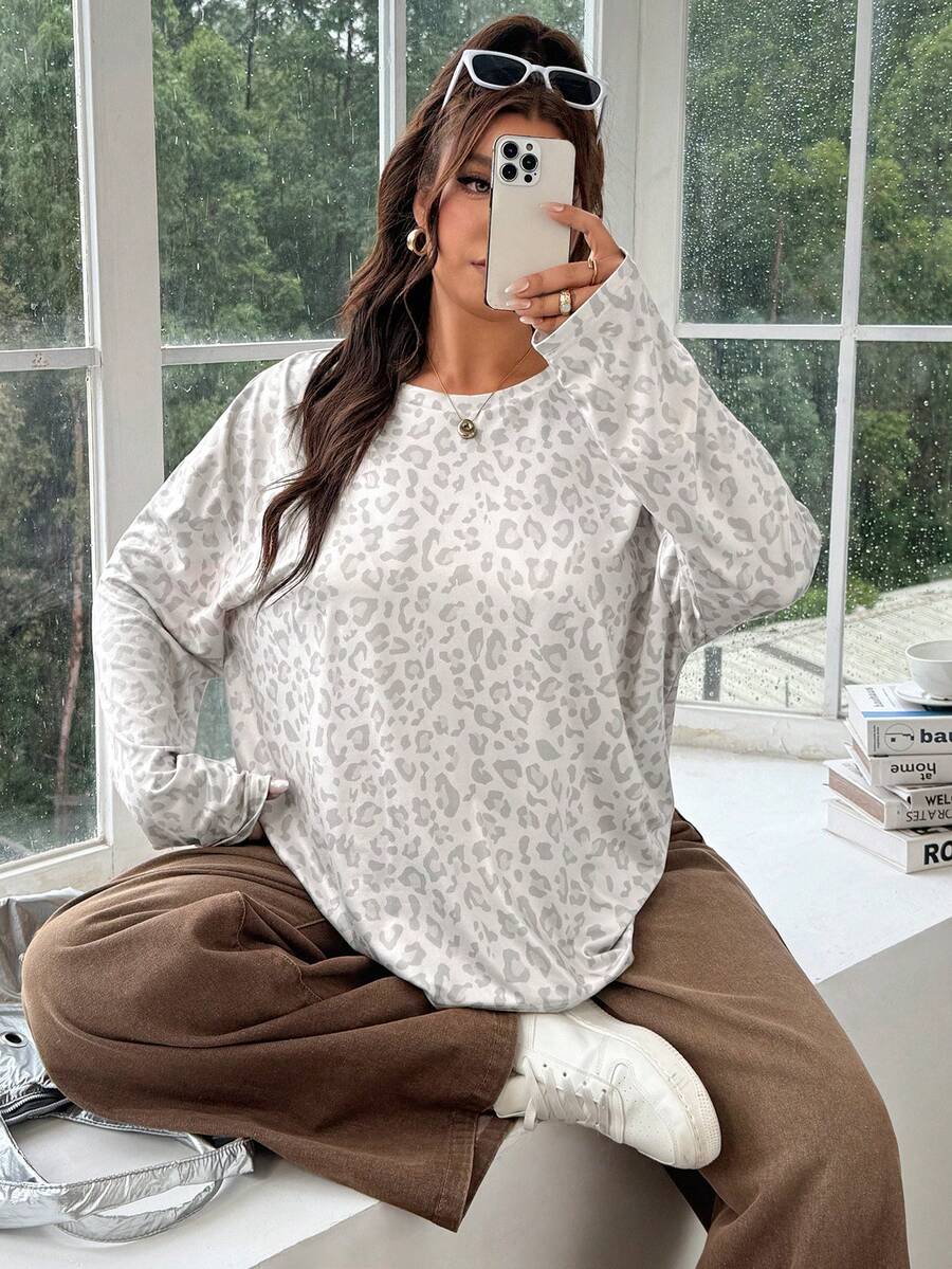 SHEIN EZwear 女款大尺碼豹紋休閒落肩寬鬆長袖T恤 秋季 - 彩色 - 查看 1