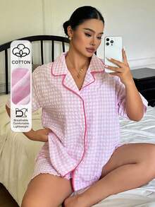 Dazy Plus Summer Sweet Plaid Trim Short Sleeve Ruffle Shorts Set Plus Size Women Spring Summer Pink Cute Pajama Set - Pink - View 1