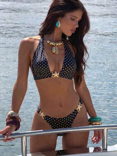 Swim Vcay 新款女款純色泳衣套裝 掛脖綁帶式露背海星裝飾高腰三角比基尼兩件式海灘度假泳裝