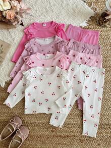 SHEIN Vintaside Kids 女嬰 0-3 歲 8 件組 春秋可愛休閒簡約外出套裝 4 件上衣與 4 件長褲 - 彩色 - 查看 9