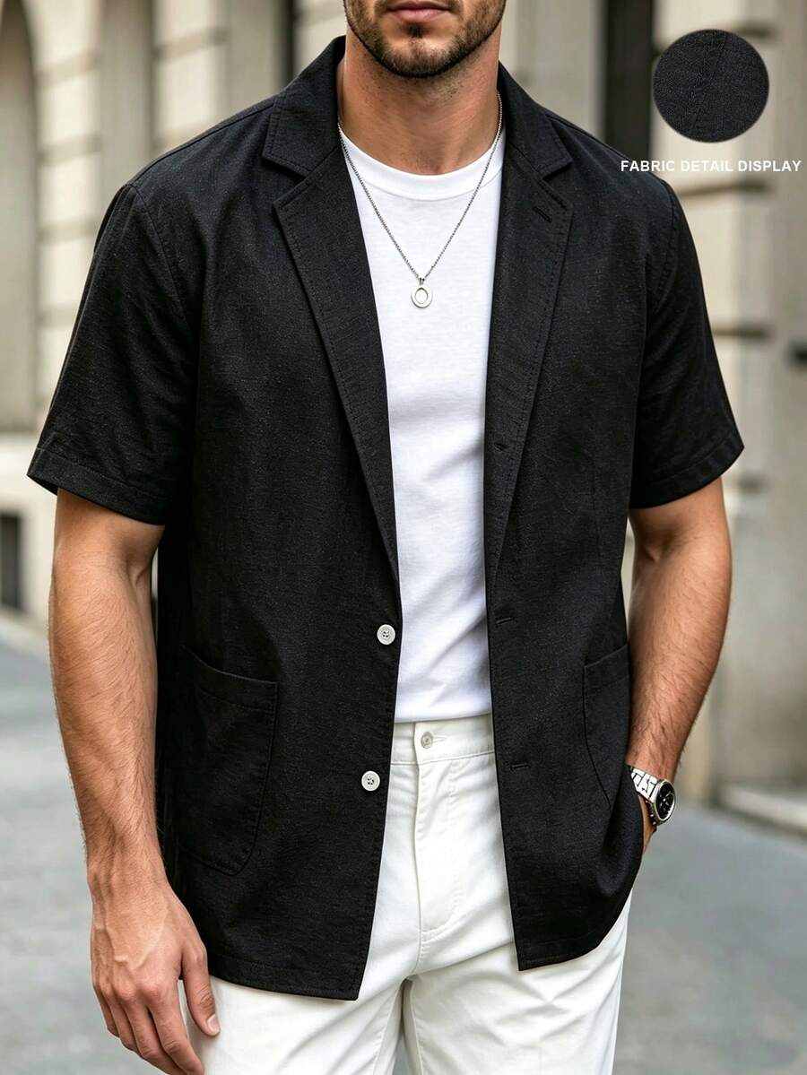 Manfinity CasualCool 男士西裝襯衫,大口袋翻領短袖薄款襯衫 - 黑色 - 查看 1