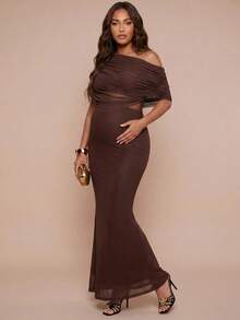MaterniChic Elegant Solid Color Asymmetric Collar Top And Skirt 2 Pieces Set For Pregnant Women - Burgundy - View 2