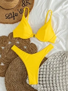 SHEIN Swim 夏季海灘有鋼圈高腰比基尼套裝 - 芥末黃 - 查看 5