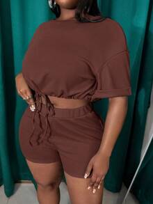 Slaydiva Slayr Plus Casual Solid Color Fitted Drawstring Split Hem Women's Plus Size Two Pieces Set, Outfits, Set, Summer, Two Pieces - Brown - View 5
