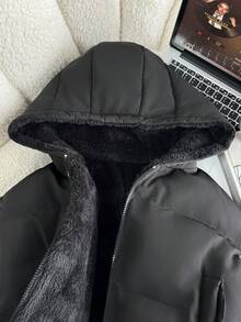 SHEIN 青少年女孩冬季新款黑色保暖內裡連帽短版羽絨外套 - 黑色 - 查看 3