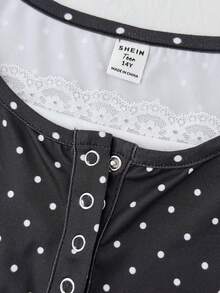 SHEIN 青少年女孩黑色針織波點對比蕾絲飾邊修身短袖T恤 - 黑色 - 查看 4