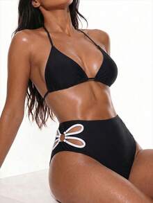 Oceva Plus Size Colorblock Hollow Floral Print Bikini Bottom - Black - View 5