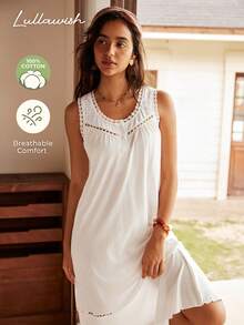 Lullawish Bohemian Comfortable Hollow Contrast Lace Loose Cotton Blend Button Women's Nightgown - White - View 2