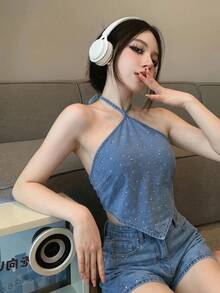 DAZY 夏季水鑽休閒度假海灘性感細肩帶上衣與牛仔短褲兩件套女裝淺藍色 - 藍色 - 查看 3