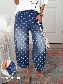 Breezaya Plus Size Jacquard Denim Cropped Dad Pants - Blue - View 1