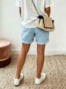 EMERY ROSE Plus Size Women's Solid Color Drawstring Waist Pocket Casual Rolled Hem Shorts - Baby Blue - View 2