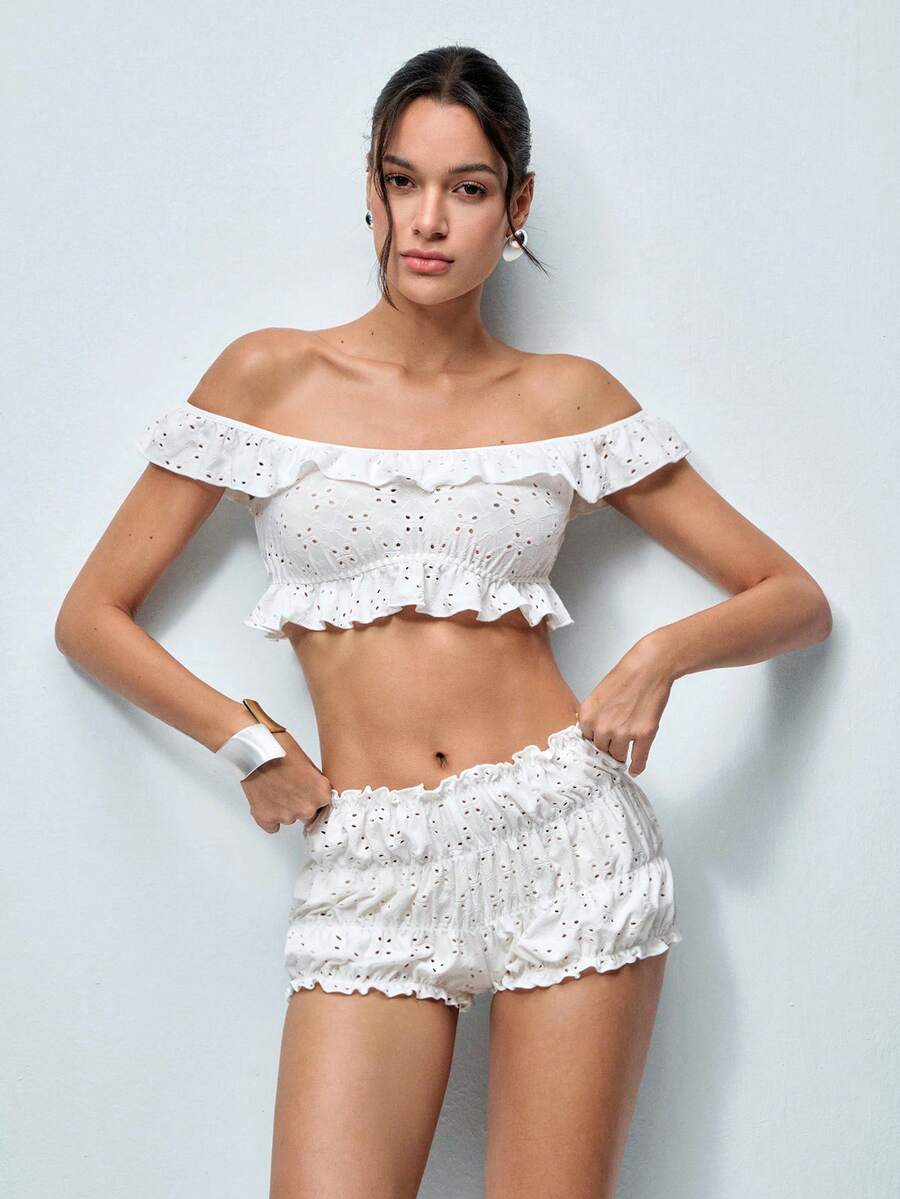 Softvol 2pcs Women White Cropped Top And Shorts Pajama Set, Sleepwear Loungewear - White - View 1
