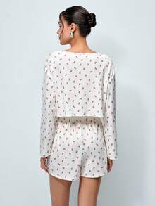 Softvol 2pcs Women's Round Neck Drop Shoulder Print Cardigan + Elastic Waist Button Front Shorts Set - White - View 3