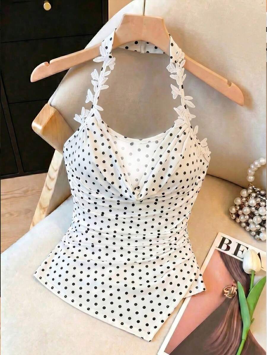 GlowEve CURVE Plus Size Women's Knit Elegant French Commute Evening Vacation Wedding Guest Lace Trim Spaghetti Strap Flared Collar Black And White Cami Summer - Black and White - View 1