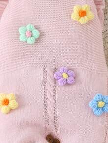 SHEIN 1件粉色荷葉邊肩帶連身褲，精緻刺繡嬰兒毛衣連身褲，時尚甜美套裝 - 彩色 - 查看 5