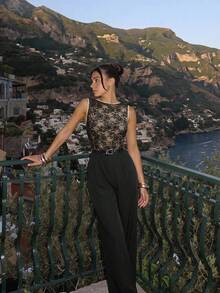 SHEIN MOD 女款蕾絲拼接撞色休閒優雅連身褲，適合日常、夜晚派對、外出，黑色蕾絲夏季款，優雅正式，適合婚禮、萬聖節 - 黑色 - 查看 3