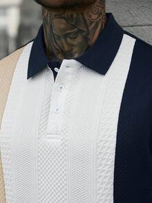 EGENSIO 男士拼色休閒通勤短袖 Polo 衫 - 藏蓝色 - 查看 4
