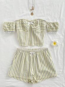 Elamini Women's Lace Trim Striped Patchwork Off-Shoulder Butterfly Top And Bow Decor Shorts Casual Daily 2-Piece Set - Blue - View 5