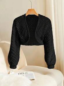 SHEIN PETITE 素色休閒秋冬女款長袖抓絨外套 小碼可愛風 - 黑色 - 查看 4