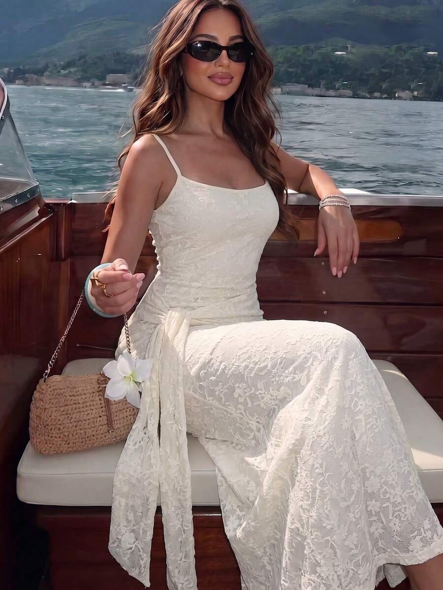 Sunnyshic Damen-Camisole-Kleid im französischen eleganten tropischen Stil, süß, mit Spitze, Rüschen und Knoten, cremeweiß, für Hochzeit, Urlaub und Sommer - Aprikosenfarben - Übersicht 1