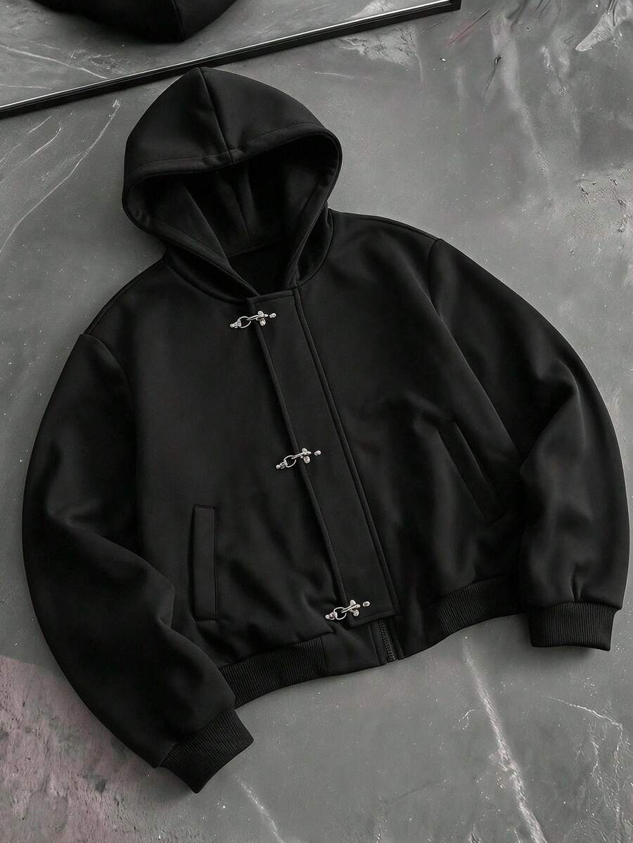 AXEPEAK Men's Fashion Versatile Airplane Buckle Long Sleeve Pocket Hooded Sweatshirt - Black - View 1