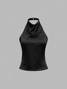 Sweetra Solid Color Halter Draped Open Back Tie Camisole - Black - View 1