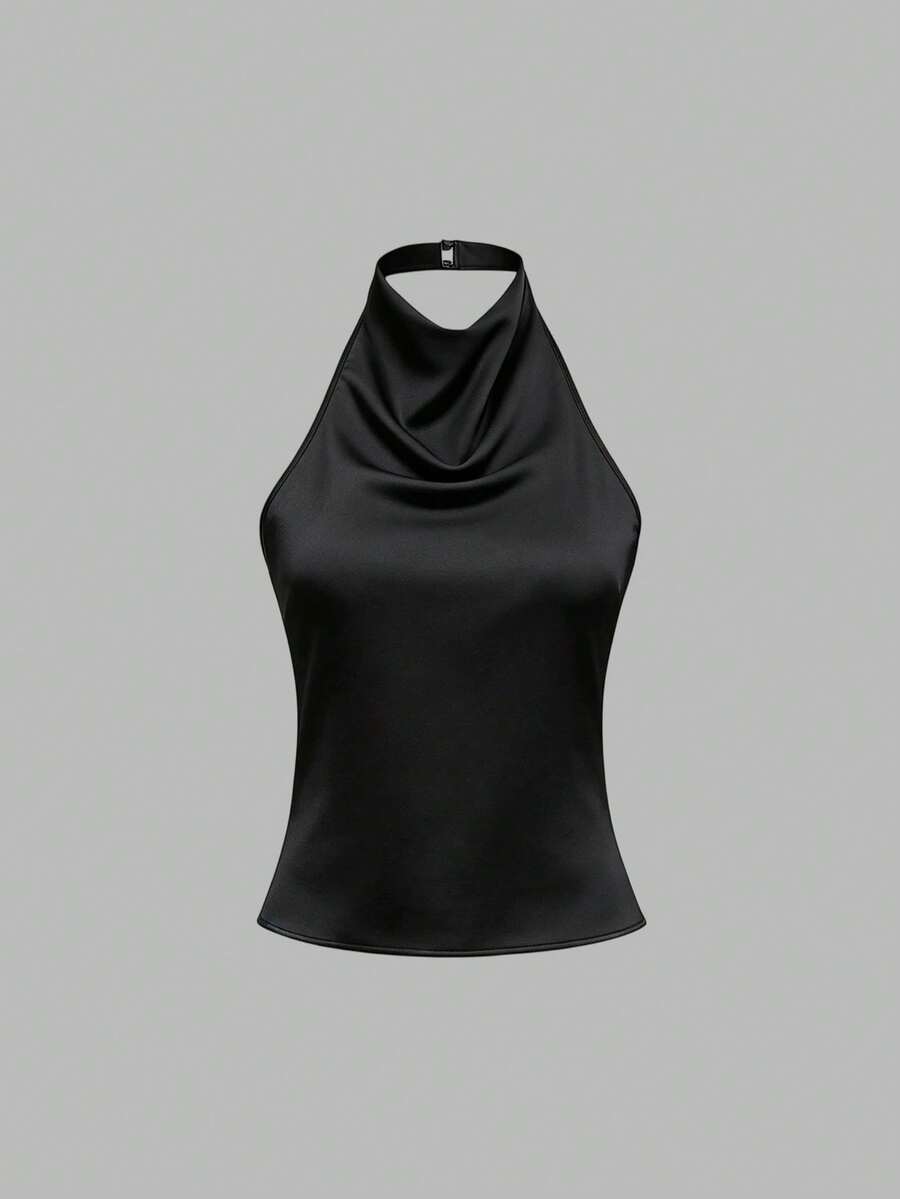 Sweetra Solid Color Halter Draped Open Back Tie Camisole - Black - View 1
