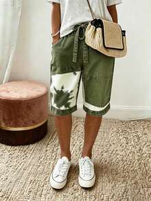 EMERY ROSE Women's Summer Casual Southern Denim Effect Print Shorts Vacation Olive Green - Army Green - View 4