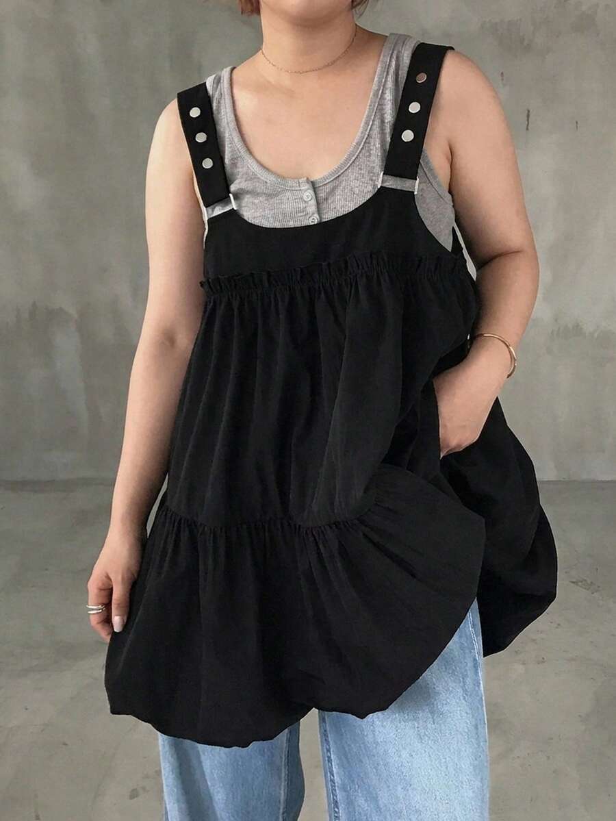 Dazy Plus Solid Color Patchwork Wide Strap Layered Casual Girl Camisole With Tulip Hem Black Versatile Tank Top Cute Tops - Black - View 1