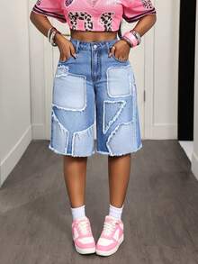 BamGleam Women's Summer Casual Patchwork Denim Shorts - Green - View 1
