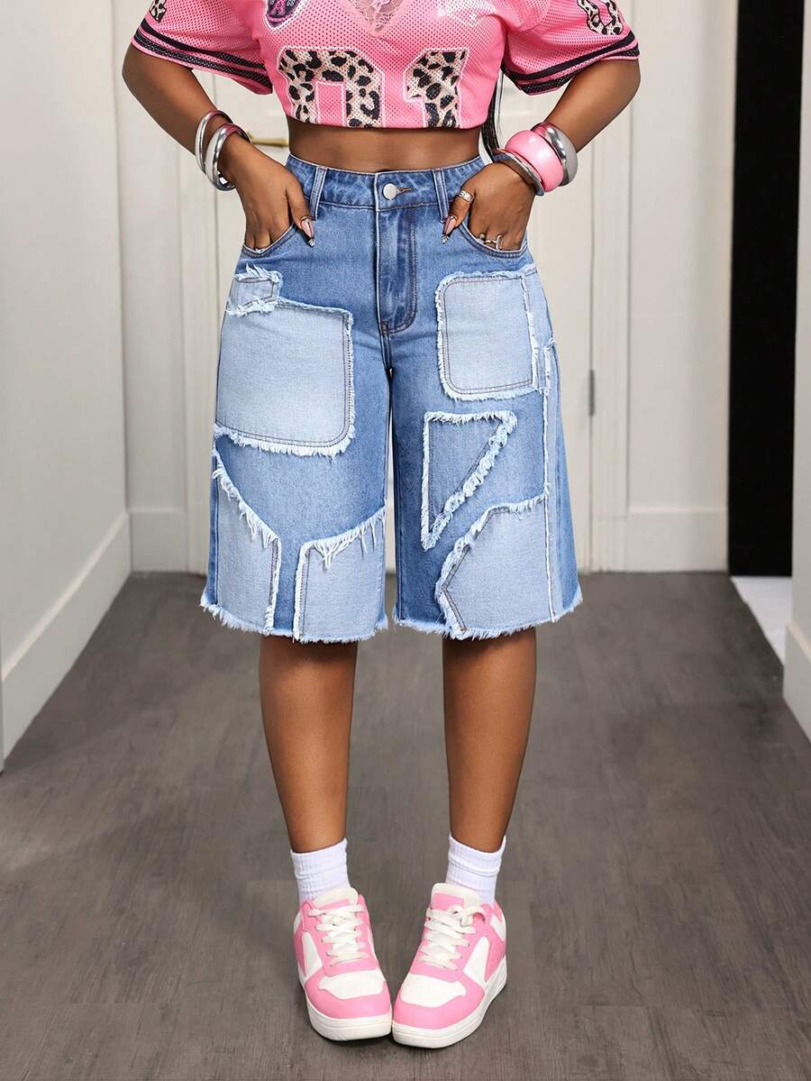 BamGleam Women's Summer Casual Patchwork Denim Shorts - Green - View 1