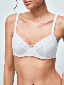 Softvol 1pc Set Women Plain Floral Underwire Soft Cup Comfortable Lingerie Bra And Panty Set - White - View 6