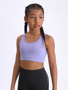 SHEIN Áo crop top ngắn màu trơn hình chữ thập màu hoa oải hương cho bé gái tuổi mới lớn, thích hợp để chạy bộ, tập thể dục, nhảy dây và tập yoga - Màu tím hoa cà - Xem 3