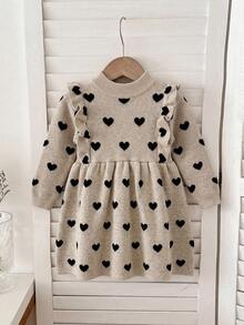 SHEIN Baby Girl Heart Jacquard Cute Ruffle Pleated Sweater Autumn Winter Dress - Khaki - View 3