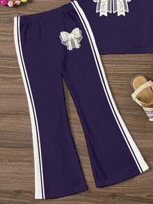 Girls Cute Fresh Minimalist Lace Bow Contrast Color Striped Pattern Basic Short T-Shirt And Flared Pants Set, Comfortable Everyday Outfit - Multicolor - View 5