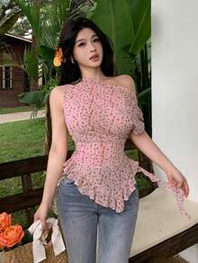Modelyn 女款黃色碎花不對稱單肩荷葉邊百褶性感極簡度假上衣 - 粉色 - 查看 5