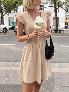 Flora Isola Flora Isola Women's Casual Solid Color Comfortable Ruffle Trim Umbrella Hem Dress Bohemian Vacation Style Skirt - Apricot - View 4