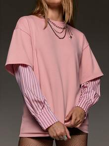 BAD SUNDAY Women's All Season Long Sleeve 2 In 1 Contrast Color Loose Casual Streetwear T-Shirt, Versatile Y2K Vintage Street, Music Festival, Light Pink Autumn - Pink - View 7