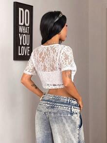 Coolane Women's Summer Sexy Party Vintage White Lace Stretchy Loose Round Neck Crop Tops,Summer Top Summer Outfits For Women - White - View 6