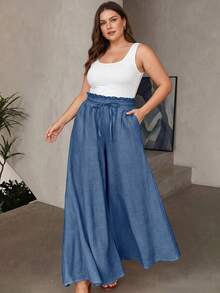 Vionelle Plus Size Women's French Casual Soft Form Capsule Elegant Wide Leg Long Pants Vacation Cruise Navy Blue Summer - Blue - View 7