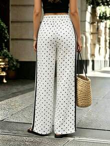 Breezaya Pantaloni lunghi casual a gamba larga da donna con pois e bordo in pizzo a contrasto - Bianco e nero - Visualizzare 2