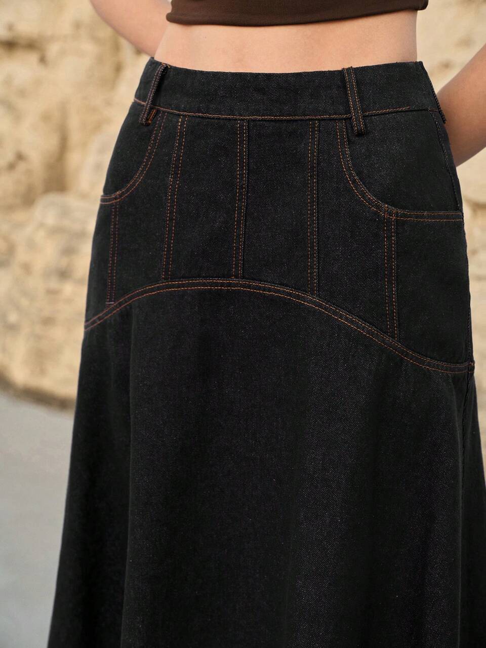 MOTF WOMEN'S FASHION ZIP BACK CONTRAST STITCH DENIM SKIRT
