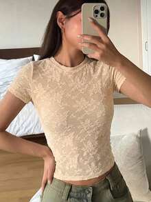 DAZY Lace Fitted Short Sleeve T-Shirt Summer Outfit Women's Pajama Top - Apricot - View 6