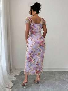 Elenzga Vestido Midi Mulheres Plus Size Elegante e Romântico com Estampa Floral Aleatória e Cintura Franzida, Adequado para Casamento, Festa, Encontro e Outras Ocasiões na Primavera/Verão - Roxo - Visão 2