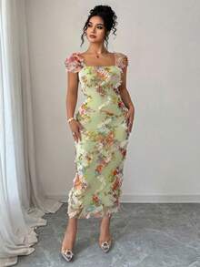 Elenzga Plus Size Women's Elegant Romantic Random Floral Print Ruched Waist Midi Dress, Suitable For Wedding, Party, Date And Other Occasions In Spring/Summer - Green - View 5