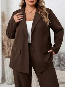 SHEIN CURVE+ Plus Size Casual Versatile Commute Solid Color Blazer - Brown - View 3
