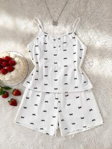 SHEIN Teen Girl Wide Ribbed Bow Print Camisole & Shorts Set Loungewear - Multicolor - View 6